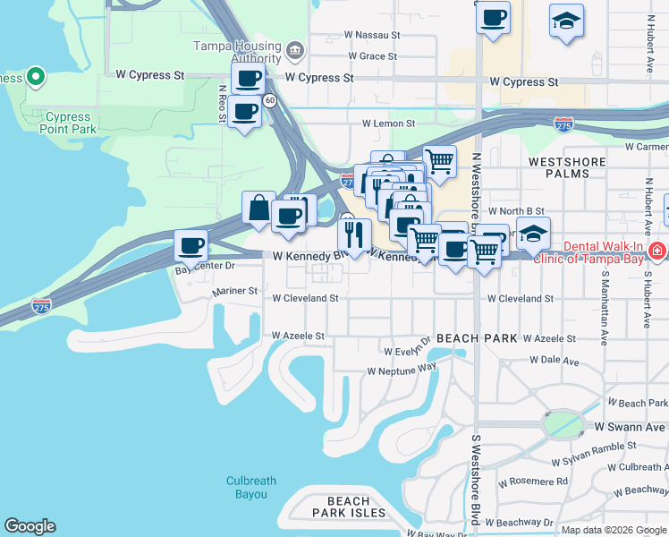 map of restaurants, bars, coffee shops, grocery stores, and more near 5201 West Kennedy Boulevard in Tampa