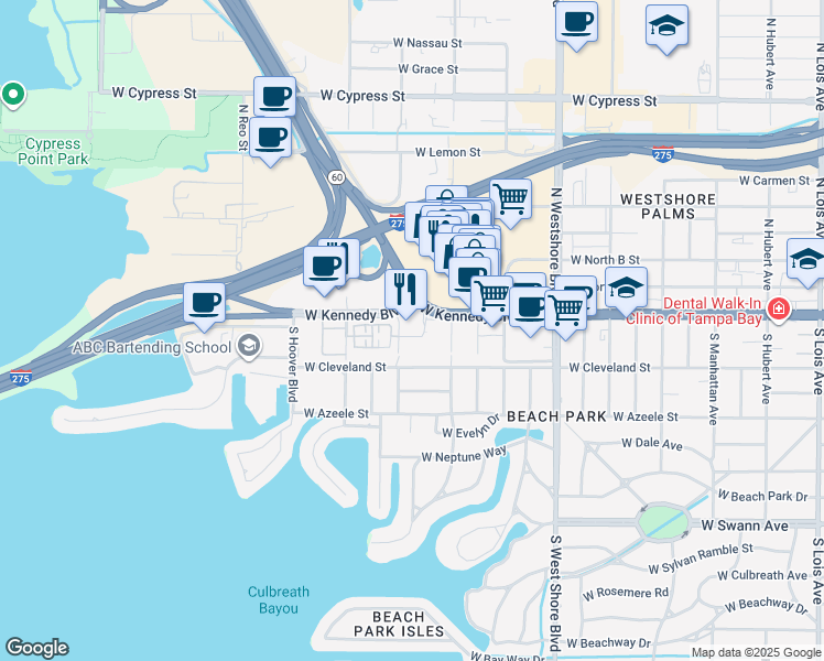 map of restaurants, bars, coffee shops, grocery stores, and more near 5100 West Kennedy Boulevard in Tampa