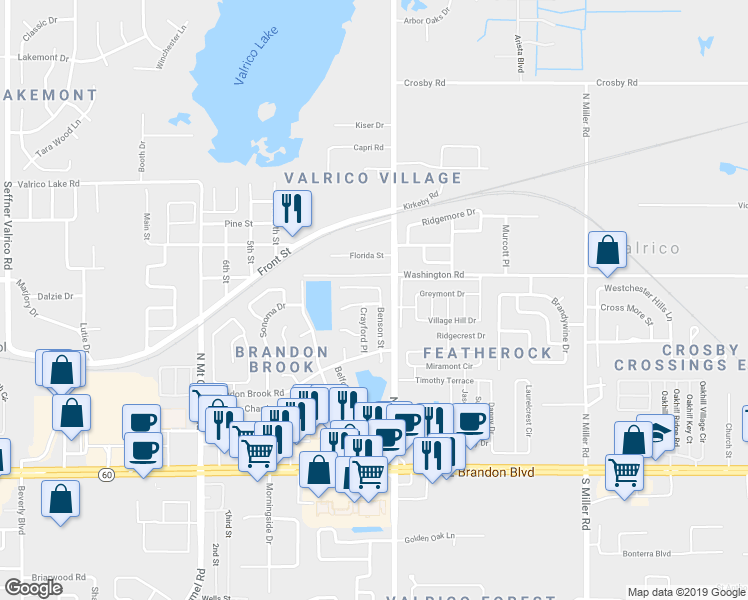map of restaurants, bars, coffee shops, grocery stores, and more near 1924 Dartford Court in Valrico