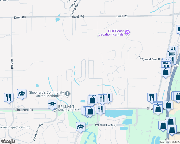 map of restaurants, bars, coffee shops, grocery stores, and more near 6610 Shepherd Oaks Street in Lakeland