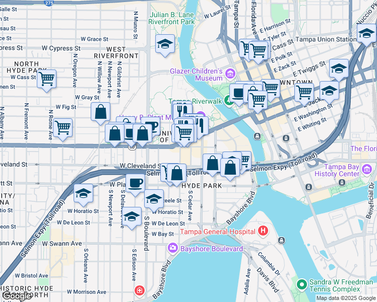 map of restaurants, bars, coffee shops, grocery stores, and more near in Tampa