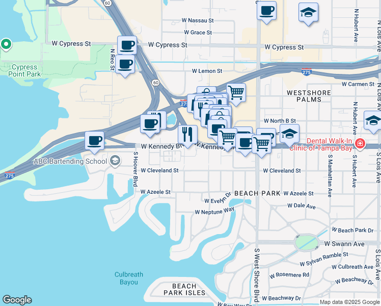map of restaurants, bars, coffee shops, grocery stores, and more near 5100 West Kennedy Boulevard in Tampa
