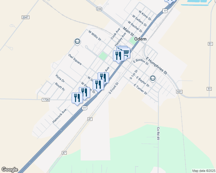 map of restaurants, bars, coffee shops, grocery stores, and more near 1019 US Highway 77 Voss in Odem