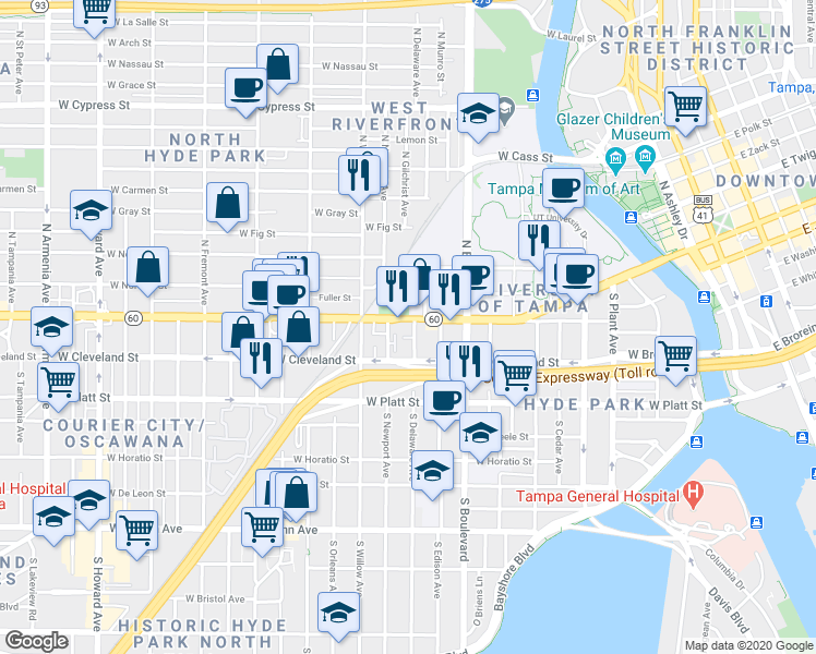 map of restaurants, bars, coffee shops, grocery stores, and more near 1119 West Kennedy Boulevard in Tampa