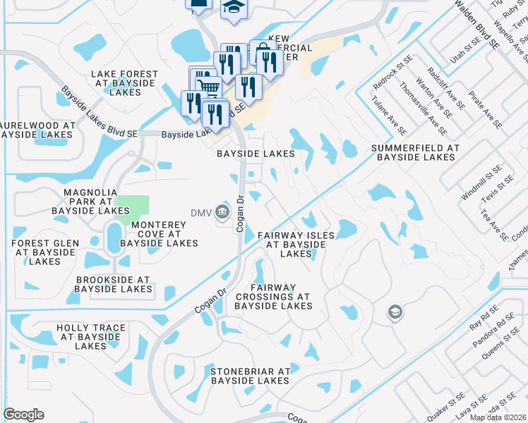 map of restaurants, bars, coffee shops, grocery stores, and more near 2031 12 Oaks Drive Southeast in Palm Bay