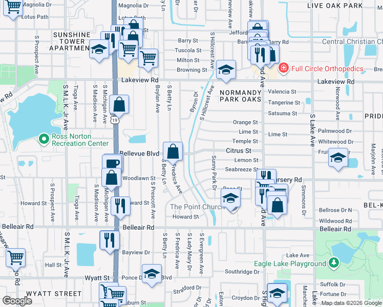 map of restaurants, bars, coffee shops, grocery stores, and more near 1419 South Hillcrest Avenue in Clearwater