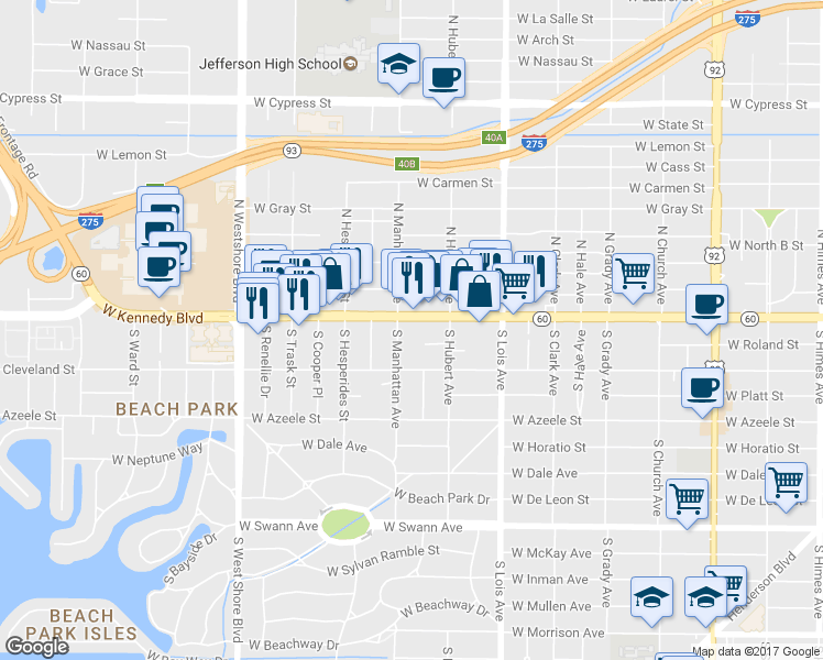 map of restaurants, bars, coffee shops, grocery stores, and more near 4355 Florida 60 in Tampa