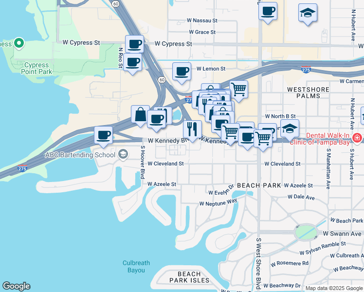 map of restaurants, bars, coffee shops, grocery stores, and more near 5201 West Kennedy Boulevard in Tampa