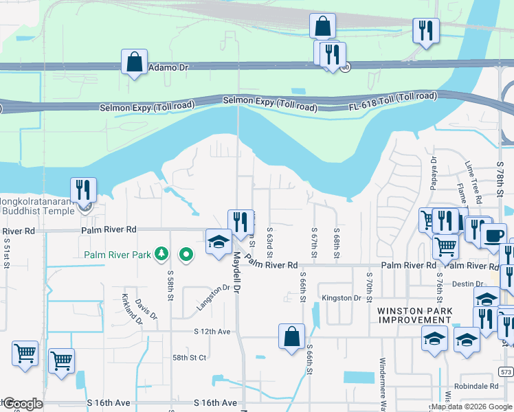 map of restaurants, bars, coffee shops, grocery stores, and more near 6203 Watkins Avenue in Tampa