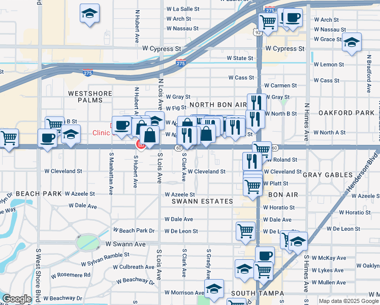map of restaurants, bars, coffee shops, grocery stores, and more near 4103 West Kennedy Boulevard in Tampa