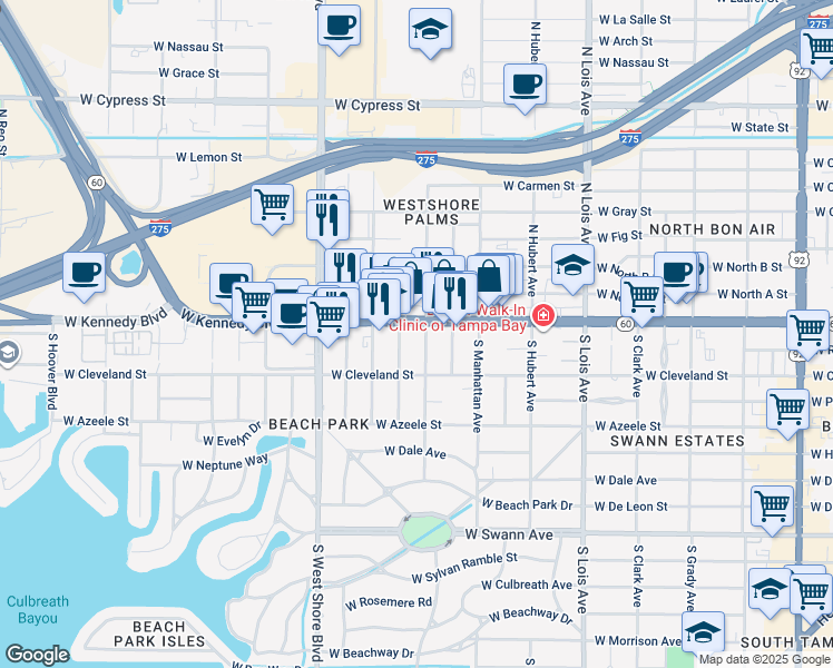 map of restaurants, bars, coffee shops, grocery stores, and more near 4545 Florida 60 in Tampa