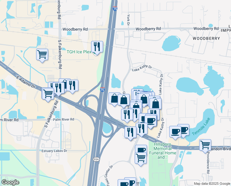 map of restaurants, bars, coffee shops, grocery stores, and more near 330 Grand Regency Boulevard in Brandon