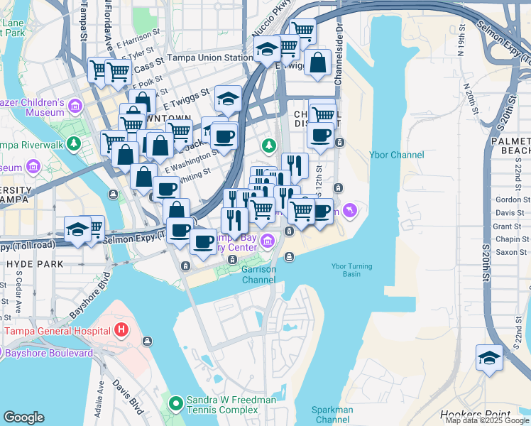 map of restaurants, bars, coffee shops, grocery stores, and more near 916 East Cumberland Avenue in Tampa