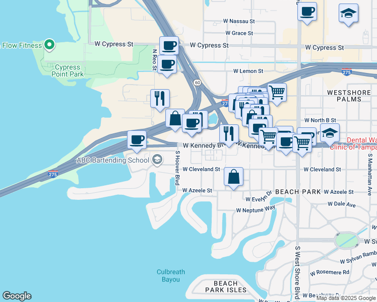 map of restaurants, bars, coffee shops, grocery stores, and more near 5303 West Kennedy Boulevard in Tampa