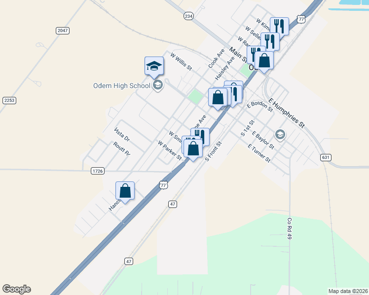 map of restaurants, bars, coffee shops, grocery stores, and more near 1108 Kline in Odem
