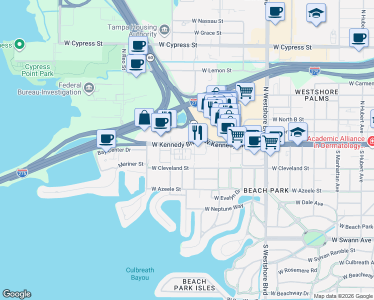 map of restaurants, bars, coffee shops, grocery stores, and more near 5201 West Kennedy Boulevard in Tampa