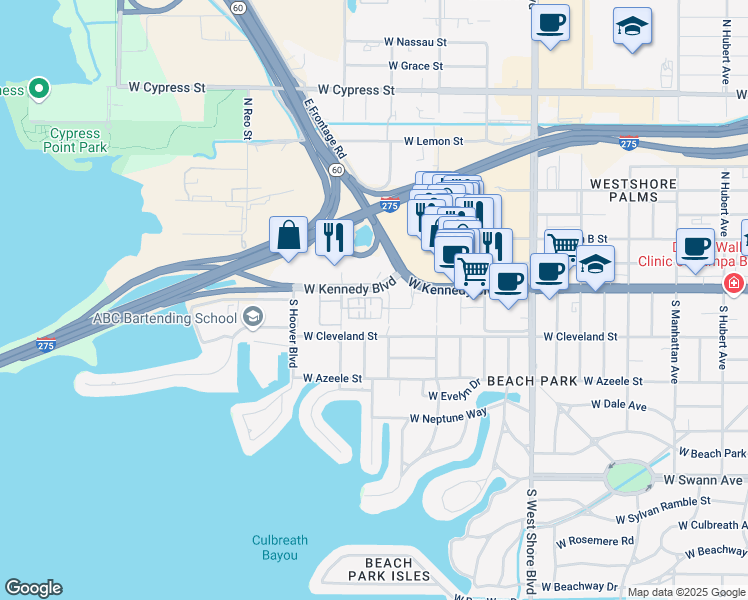 map of restaurants, bars, coffee shops, grocery stores, and more near 5201 West Kennedy Boulevard in Tampa