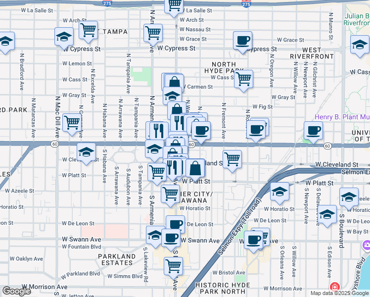 map of restaurants, bars, coffee shops, grocery stores, and more near 81 North Westland Avenue in Tampa