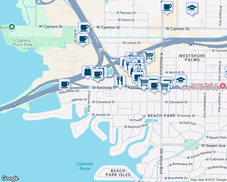 map of restaurants, bars, coffee shops, grocery stores, and more near 5201 West Kennedy Boulevard in Tampa