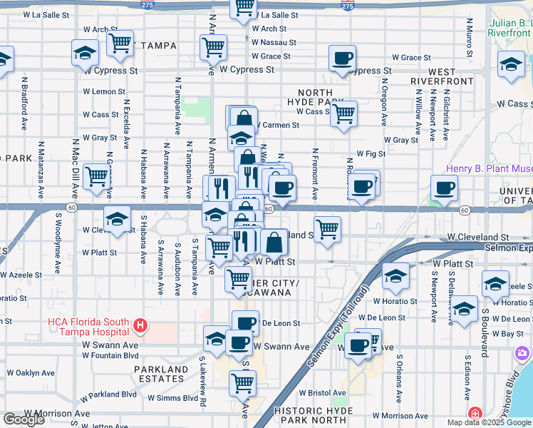 map of restaurants, bars, coffee shops, grocery stores, and more near 81 North Westland Avenue in Tampa