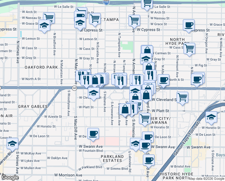 map of restaurants, bars, coffee shops, grocery stores, and more near 2701 West Kennedy Boulevard in Tampa