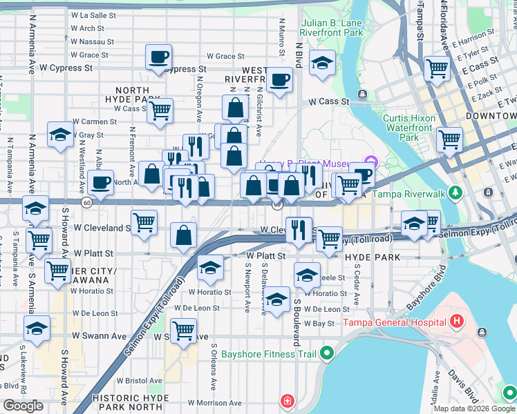 map of restaurants, bars, coffee shops, grocery stores, and more near 1119 West Kennedy Boulevard in Tampa