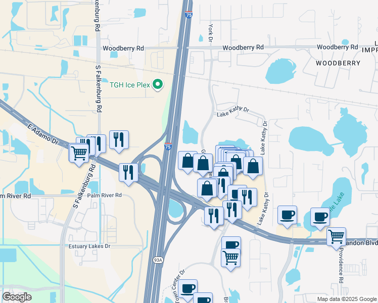 map of restaurants, bars, coffee shops, grocery stores, and more near 330 Grand Regency Boulevard in Brandon
