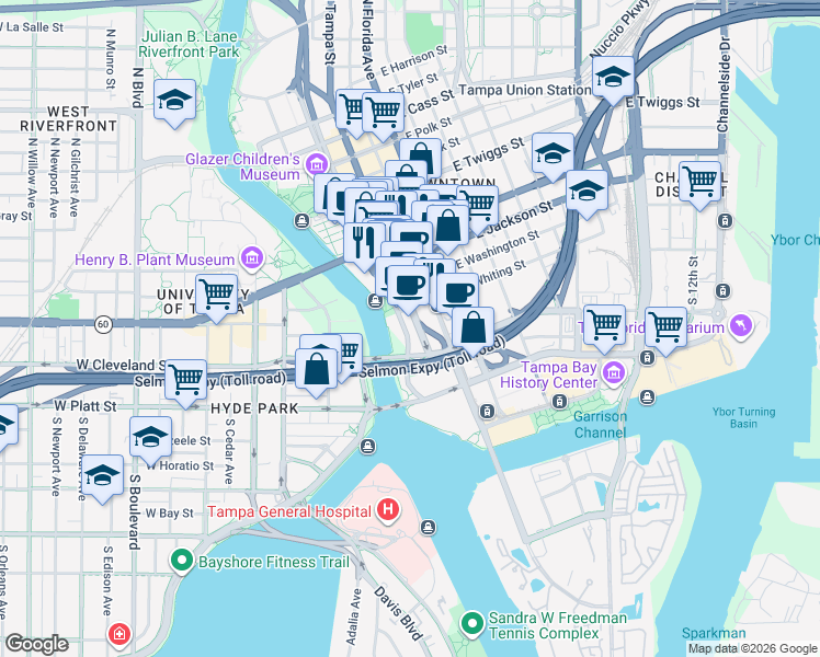map of restaurants, bars, coffee shops, grocery stores, and more near 100 Ashley Drive South in Tampa