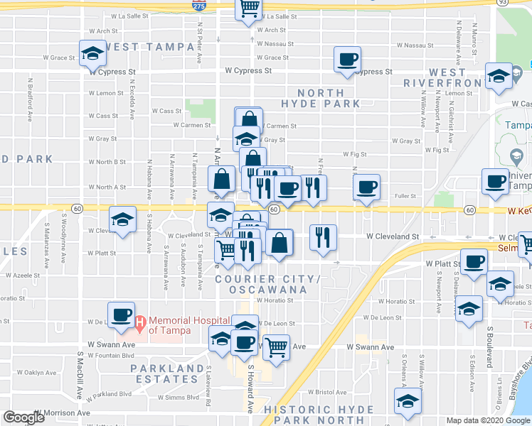 map of restaurants, bars, coffee shops, grocery stores, and more near 81 North Westland Avenue in Tampa