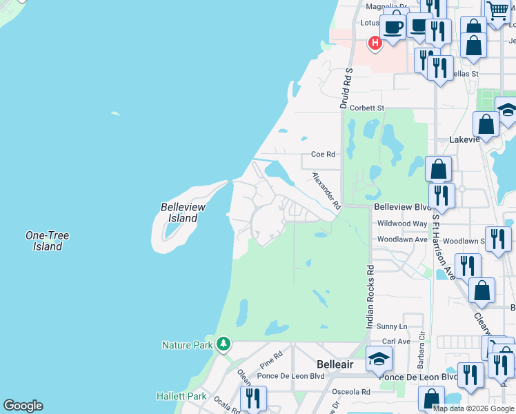 map of restaurants, bars, coffee shops, grocery stores, and more near 0 Belleview Boulevard in Belleair