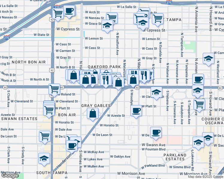 map of restaurants, bars, coffee shops, grocery stores, and more near in Tampa