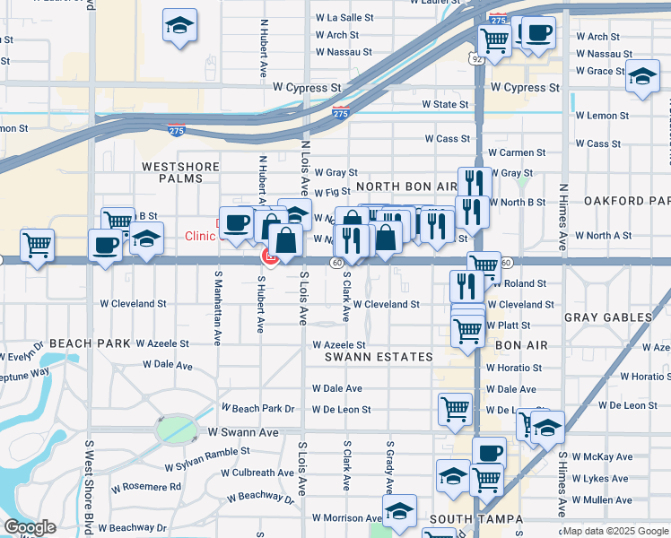 map of restaurants, bars, coffee shops, grocery stores, and more near 4103 West Kennedy Boulevard in Tampa