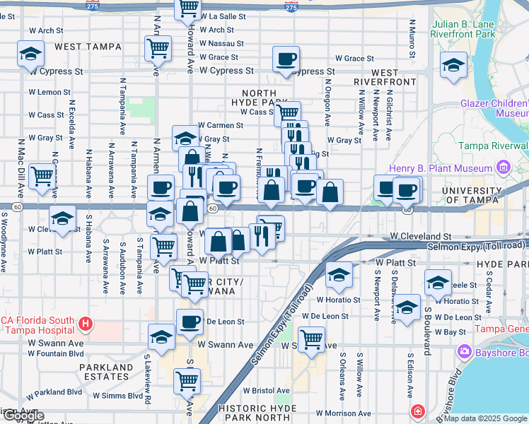 map of restaurants, bars, coffee shops, grocery stores, and more near 1901 West Kennedy Boulevard in Tampa