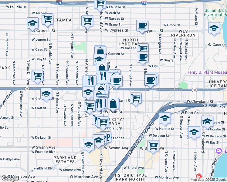 map of restaurants, bars, coffee shops, grocery stores, and more near 81 North Westland Avenue in Tampa