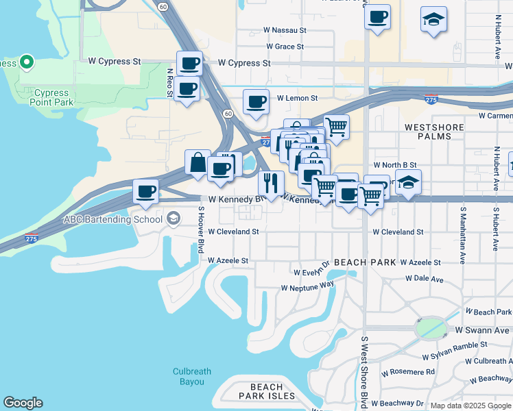 map of restaurants, bars, coffee shops, grocery stores, and more near 5201 West Kennedy Boulevard in Tampa