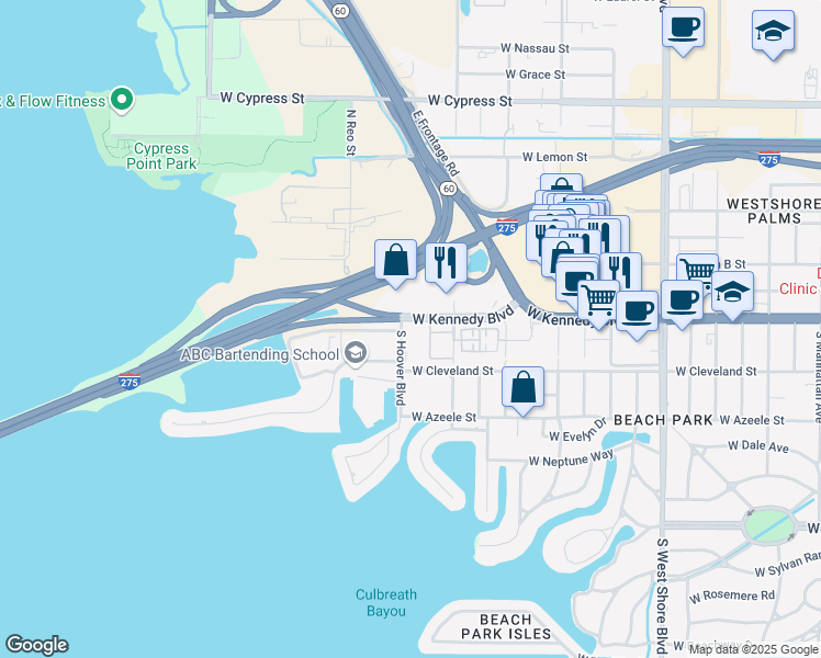 map of restaurants, bars, coffee shops, grocery stores, and more near 5350 West Kennedy Boulevard in Tampa