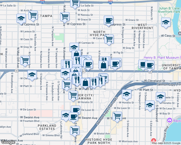 map of restaurants, bars, coffee shops, grocery stores, and more near 2009 West Kennedy Boulevard in Tampa