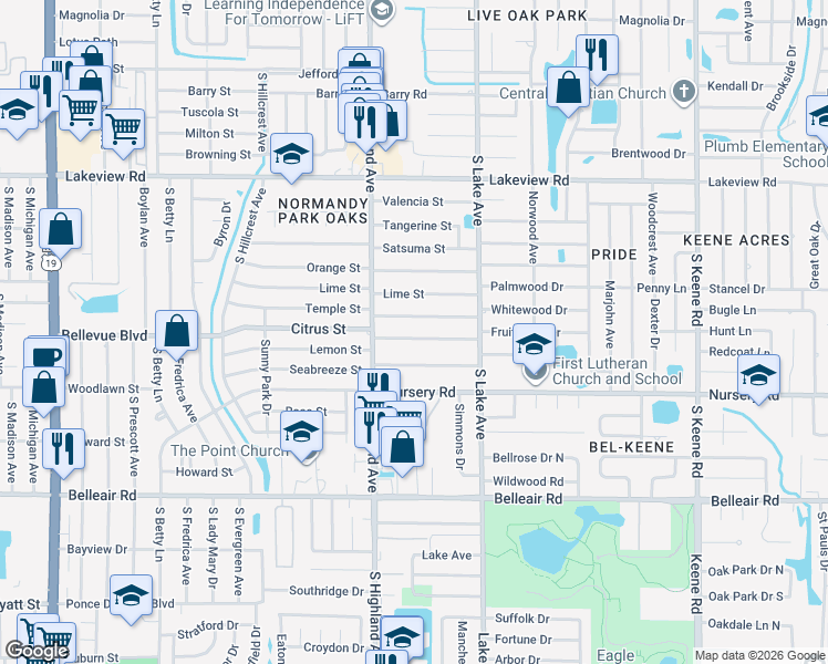 map of restaurants, bars, coffee shops, grocery stores, and more near 1527 Citrus Street in Clearwater
