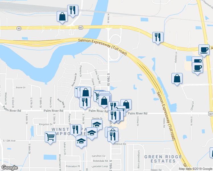 map of restaurants, bars, coffee shops, grocery stores, and more near 7707 Gray Moss Lane in Tampa