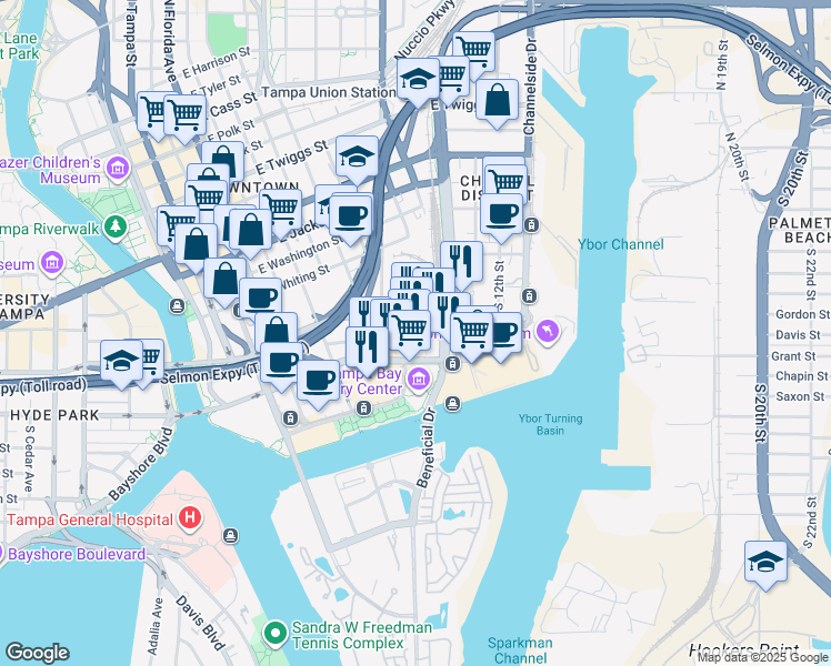 map of restaurants, bars, coffee shops, grocery stores, and more near 916 East Cumberland Avenue in Tampa