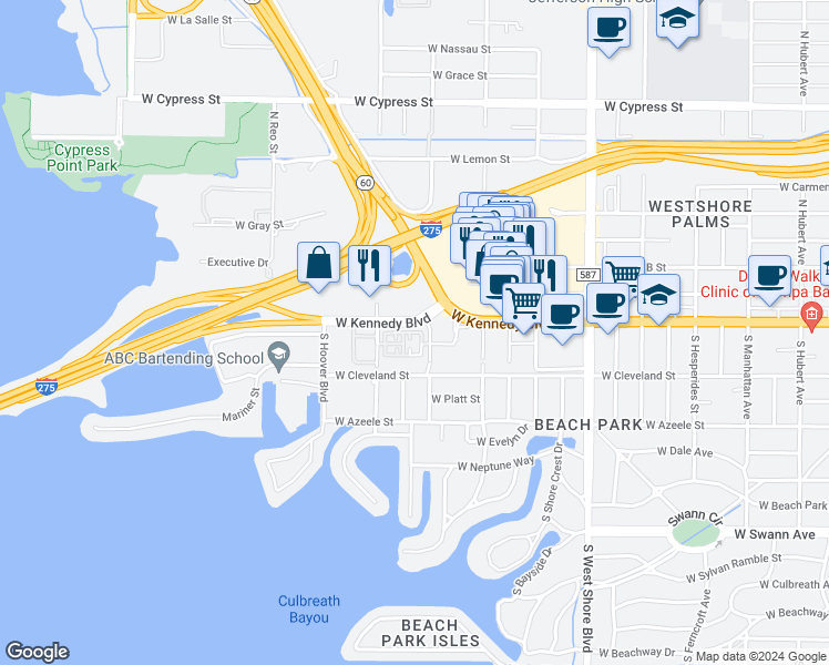map of restaurants, bars, coffee shops, grocery stores, and more near 5201 West Kennedy Boulevard in Tampa