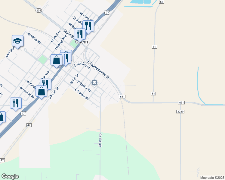 map of restaurants, bars, coffee shops, grocery stores, and more near 102 5th Street in Odem