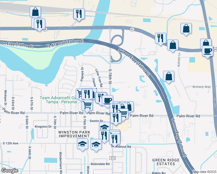 map of restaurants, bars, coffee shops, grocery stores, and more near 7707 Gray Moss Lane in Tampa