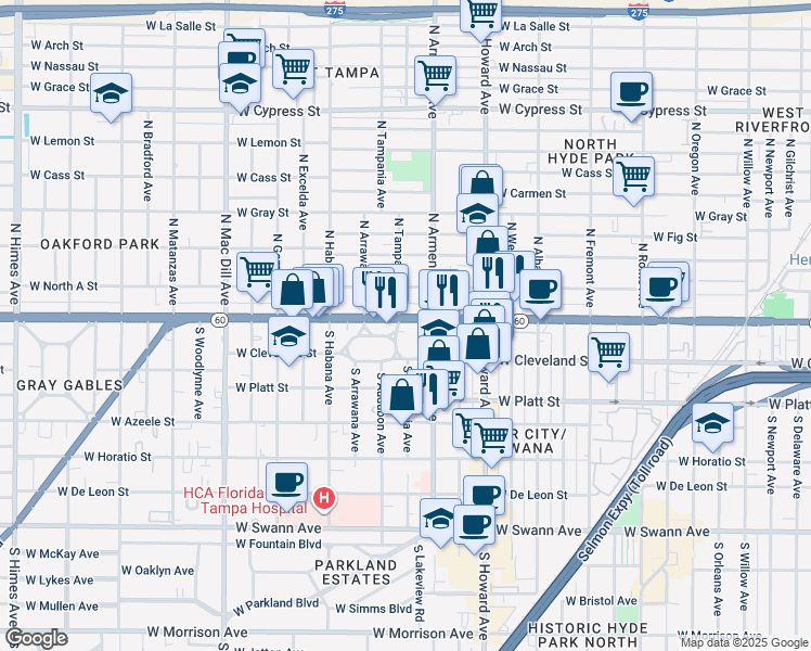 map of restaurants, bars, coffee shops, grocery stores, and more near 100 North Tampania Avenue in Tampa