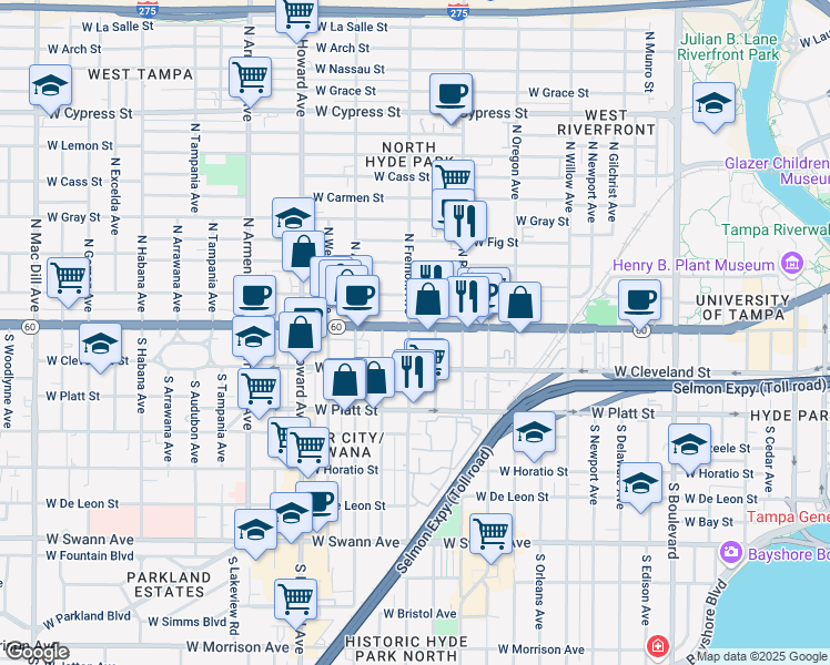 map of restaurants, bars, coffee shops, grocery stores, and more near 1810 West Kennedy Boulevard in Tampa