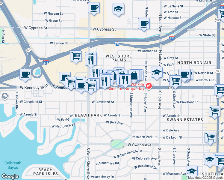 map of restaurants, bars, coffee shops, grocery stores, and more near 4545 Florida 60 in Tampa