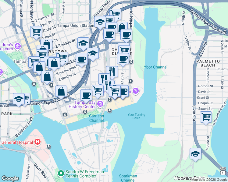 map of restaurants, bars, coffee shops, grocery stores, and more near 1209 East Cumberland Avenue in Tampa