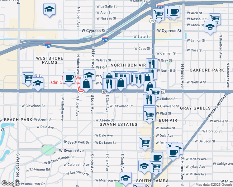 map of restaurants, bars, coffee shops, grocery stores, and more near 4032 West Kennedy Boulevard in Tampa