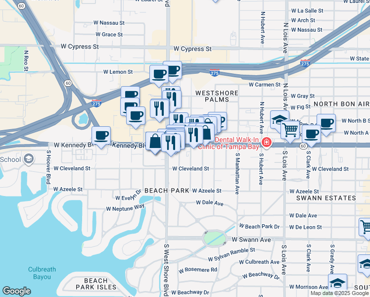 map of restaurants, bars, coffee shops, grocery stores, and more near 4601 State Road 60 in Tampa