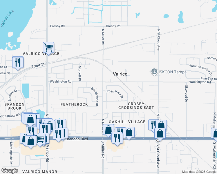 map of restaurants, bars, coffee shops, grocery stores, and more near 415 Westchester Hills Lane in Valrico